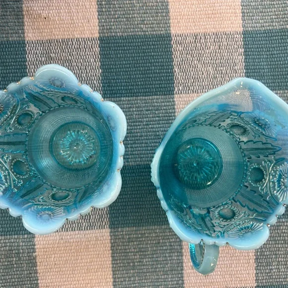 Northwood Antique Blue Opalescent Jewel And Flower Spooner & Creamer 1900’s - Picture 4 of 4